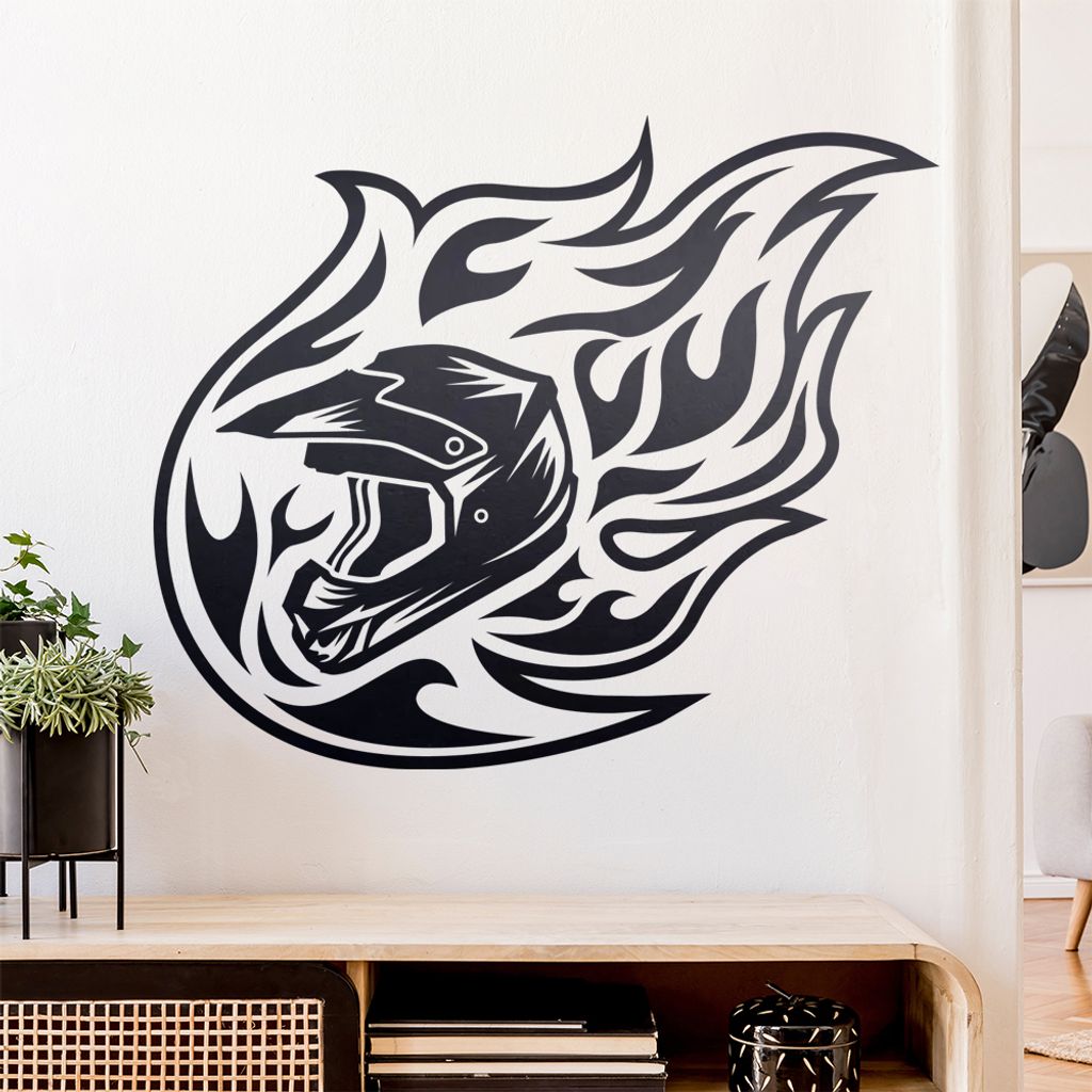 Motocross Helm Flammen Wandtattoo Wandaufkleber Wall Sticker - Dekoration, Küche, Wohnzimmer, Schlafzimmer, Badezimmer