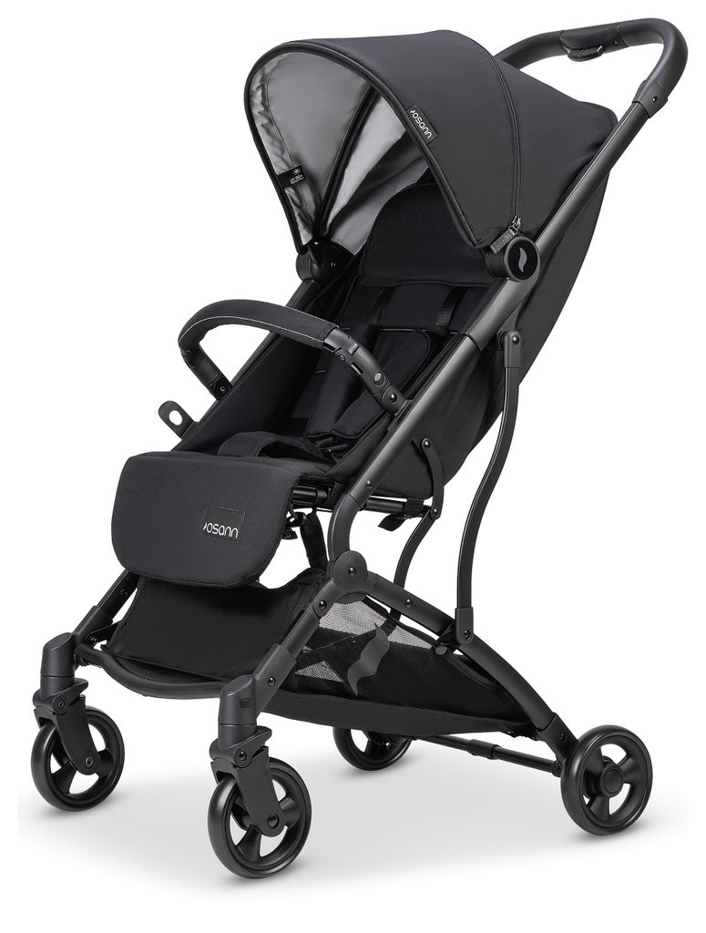 A black stroller is shown against a white background.