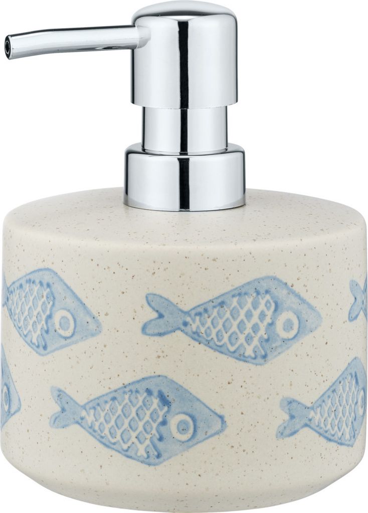 A soap dispenser with a fish pattern.