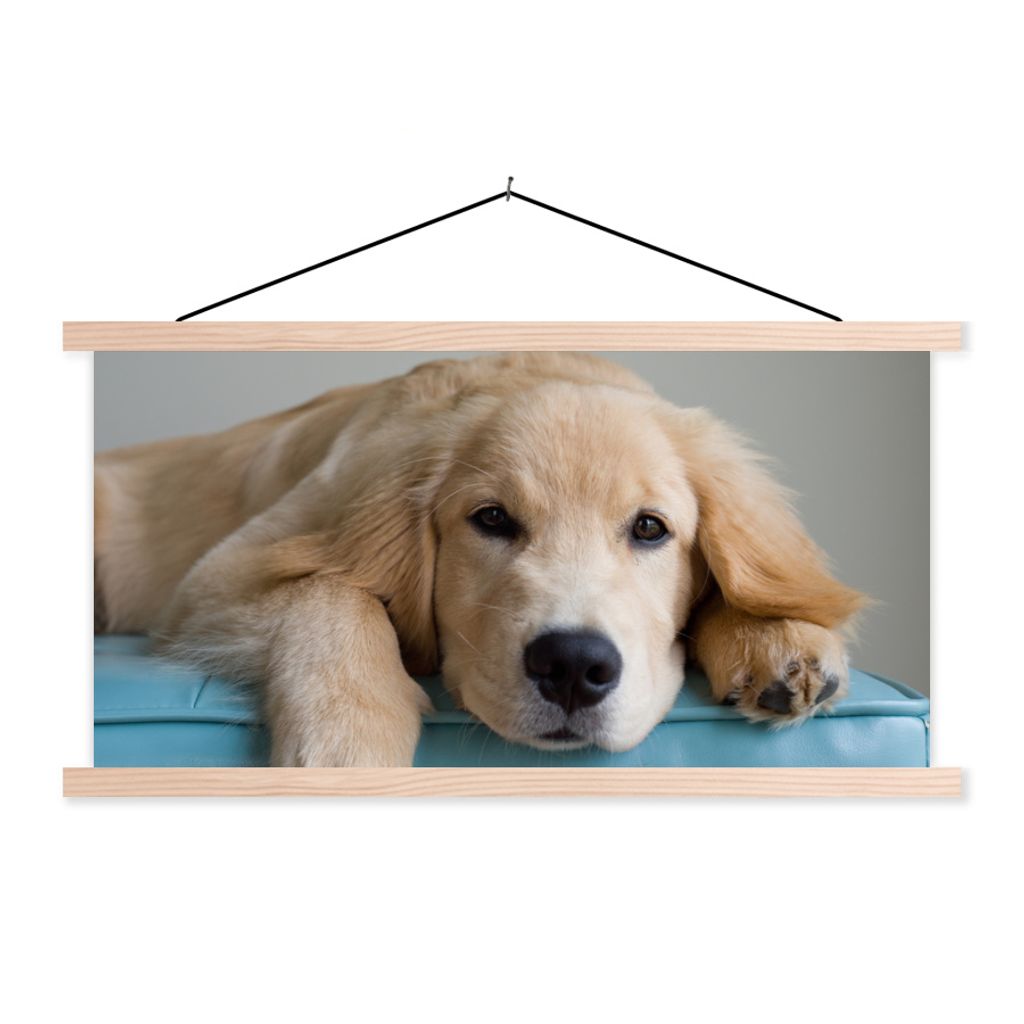 MuchoWow Textilposter Ein liegender Golden Retriever 120x60 cm mit holzfarbenen Rahmen - Klemmleiste