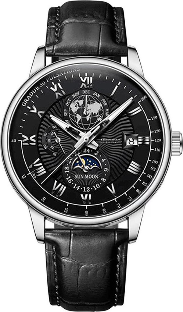 A close-up studio shot of a men's wristwatch with a black dial and leather strap.