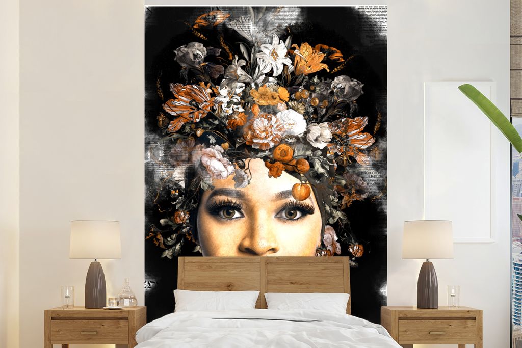 MuchoWow Fototapete für Wohnzimmer oder Schlafzimmer Wandtapete Vinyl Motivtapete Frau - Zeitung - Blumen - 170x260 cm - Wohnzimmertapete