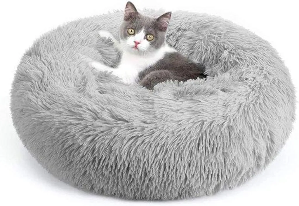 Panier rond ultra doux pour chat et chien en peluche gris clair 50cm