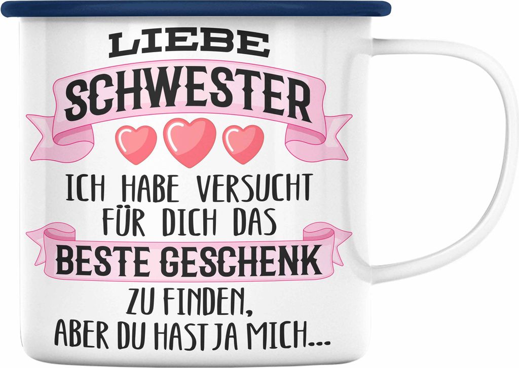 Trendation - Beste Schwester Geschenk Emaille Tasse Emaille Emaille Tasse Geburtstag Weihnachten Geschenkideen Schwestern Bruder Lustig (Blau)