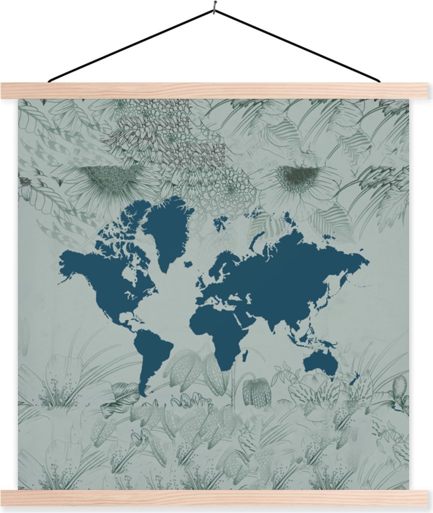 MuchoWow Textilposter Weltkarte - Blau - Blume 60x60 cm mit holzfarbenen Rahmen - Wanddekoration