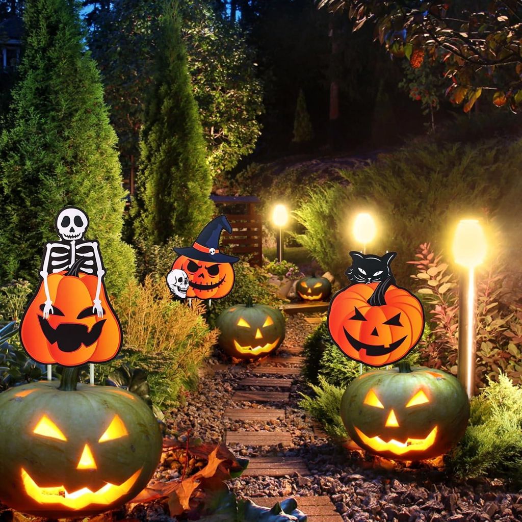 6 Stück Halloween Garten Schilder mit Stäben, wasserdichte Kürbis Dekorationen, gruselige Garten Schilder Halloween Garten Schilder Dekorationen...