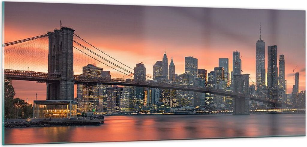 Bilder auf glas - New York Brücke Nacht - 100x40cm - Glasbilder - Wandbilder - Kunstdruck - zum Aufhängen bereit - Wanddekoration aus Glas - Glas...