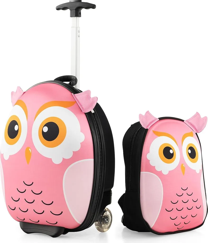Set Valigie Bambini COSTWAY 2 Pezzi: Trolley Gufo 16" + Zaino 12"