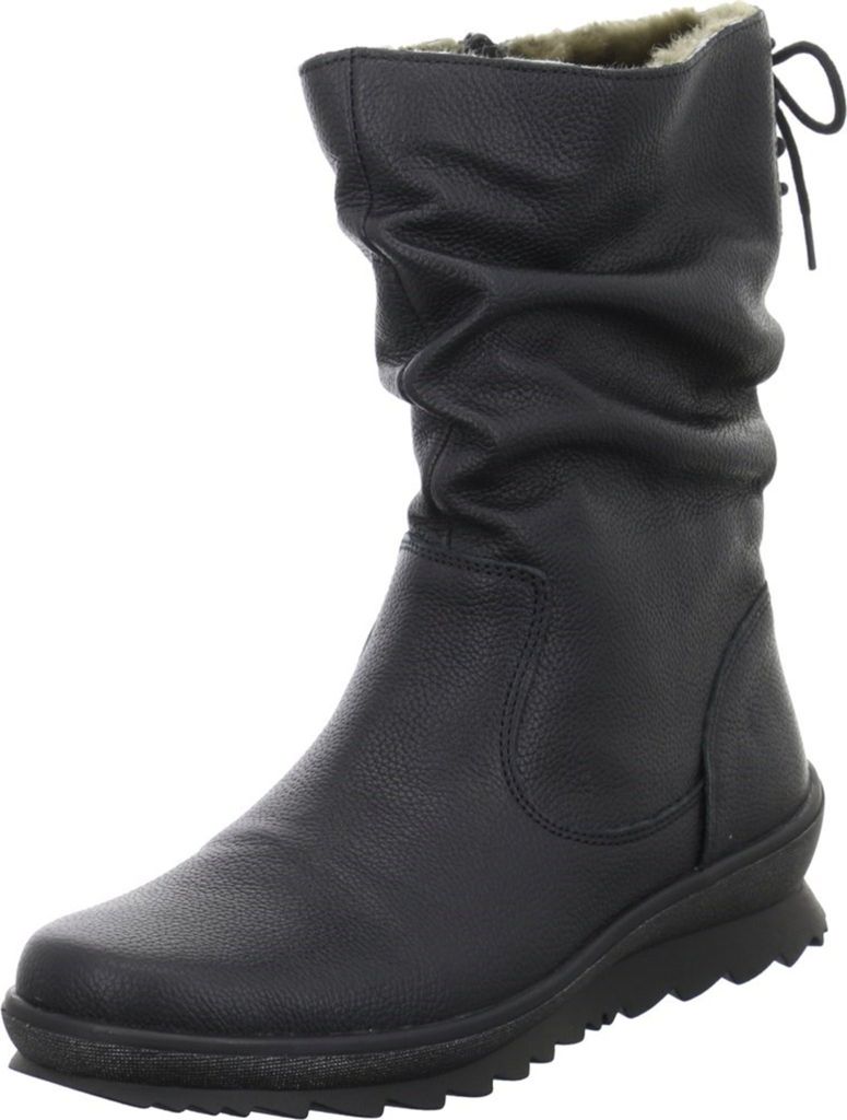 A black leather boot with a fluffy lining is shown against a white background.