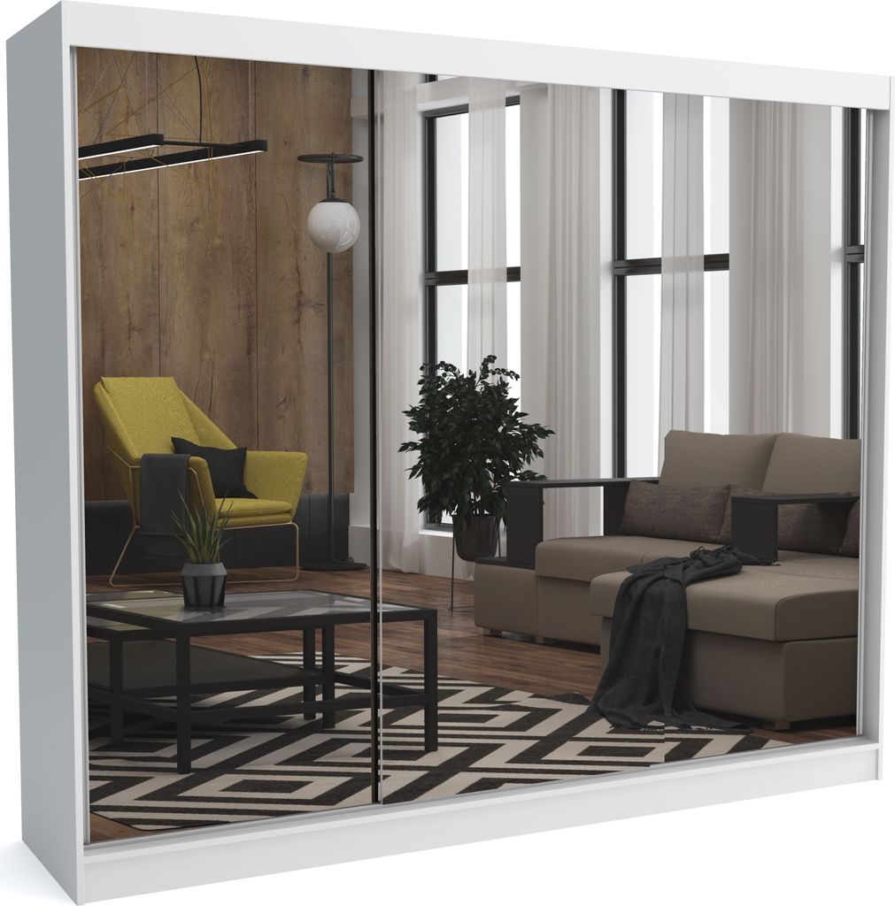 Brent - Kleiderschrank mit Spiegel Dave, Schlafzimmerschrank mit 1 Kleiderstange und Einlegeböden für Kleidung, 250x215x60 cm, Weiß