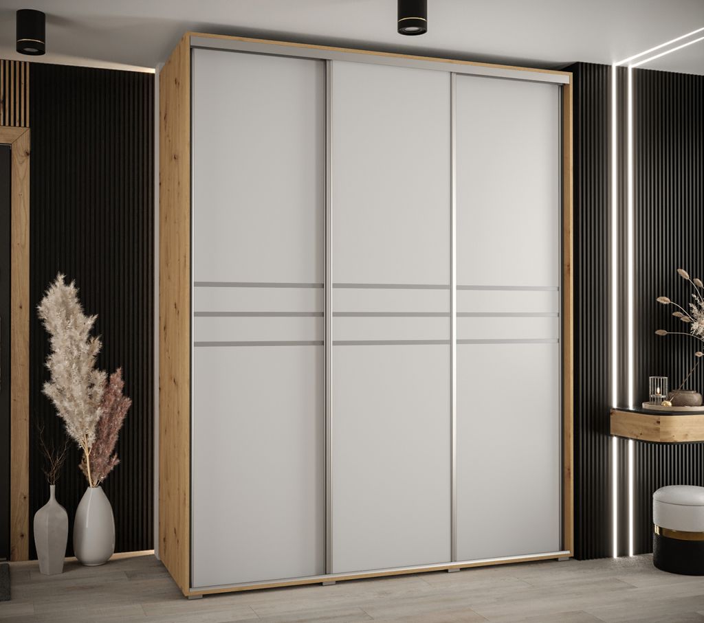 Kleiderschrank YVONA 10 - 190/60 cm, Eiche handwerklich / weiß / silber