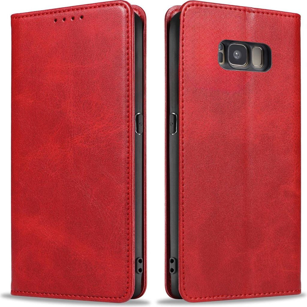 A red flip cover phone case is shown from two angles, open and closed.