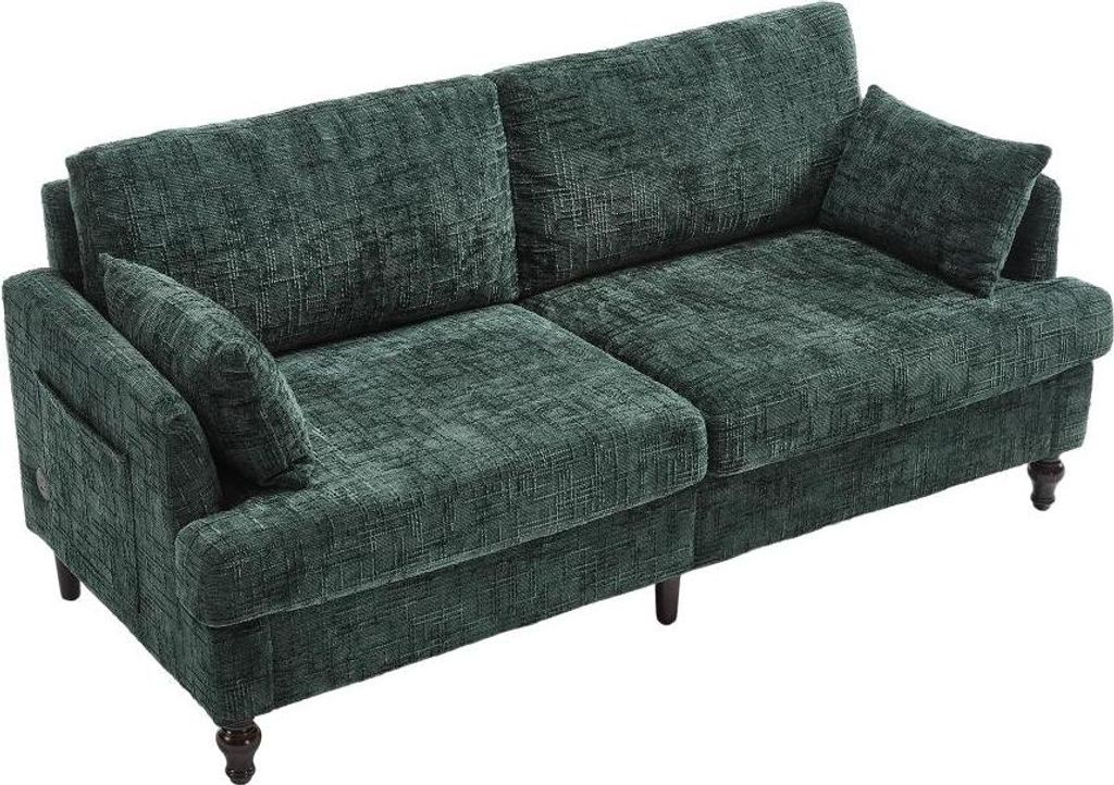 AIORBER Modernes 2-Sitzer Chenille Sofa mit Holzbeinen USB-Ladeanschluss LED-Licht Aufbewahrungstasche Wohnzimmer Schlafzimmer – Beige/Grau/Grün...