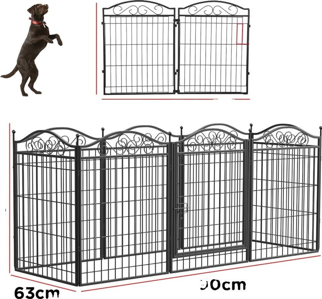 A dog jumping next to a diagram of a dog fence, and a full view of the dog fence.
