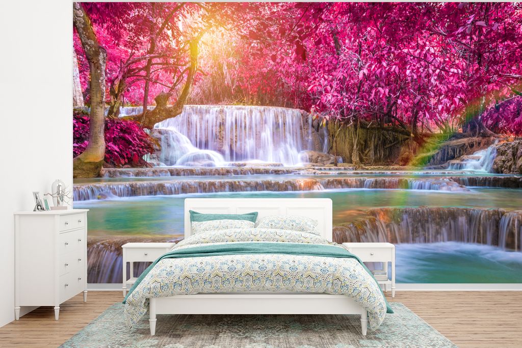 MuchoWow Fototapete für Wohnzimmer oder Schlafzimmer Wandtapete Vinyl Motivtapete Wasserfall - Regenbogen - Bäume - Rosa - Natur - 320x240 cm -...