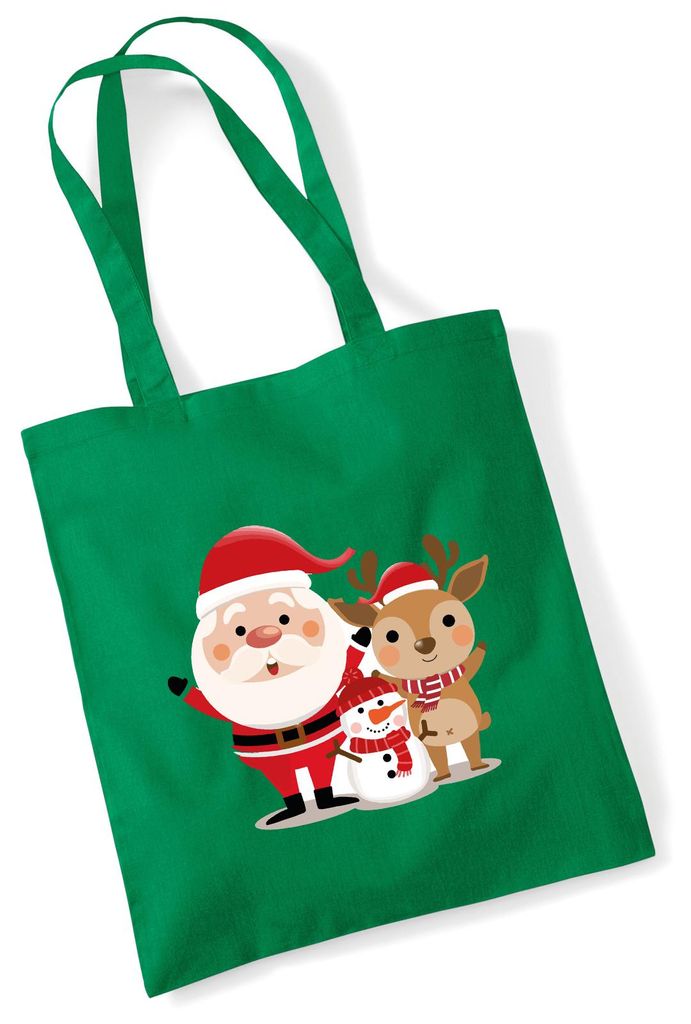 Huuraa Jutebeutel Weihnachtsmann Rudolph und Schneemann 10 Liter Kelly Green Baumwolle Tasche Geschenkidee