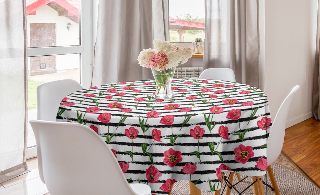 ABAKUHAUS Blumen Runde Tischdecke, Tulpe-Blumen-Holzkohle-Streifen, Kreis Tischdecke Abdeckung für Esszimmer Küche Dekoration, 150 cm, Dunkle Kor...