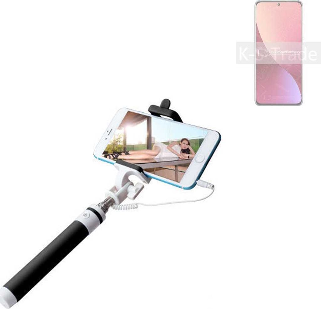 K-S-Trade Selfie Stick kompatibel mit Xiaomi 12S Selfiestick kabelgebunden Monopod mit Kabel Stab Stange Selfportrait Handheldstick schwarz 1x