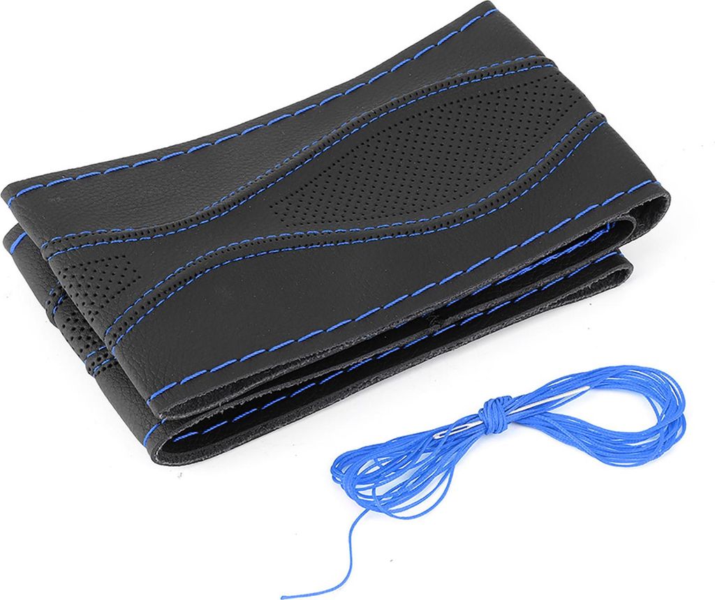 38 cm/15 Zoll Leder Lenkrad Wickelabdeckung Handnähte mit Nadel und Faden Universalblack Blau