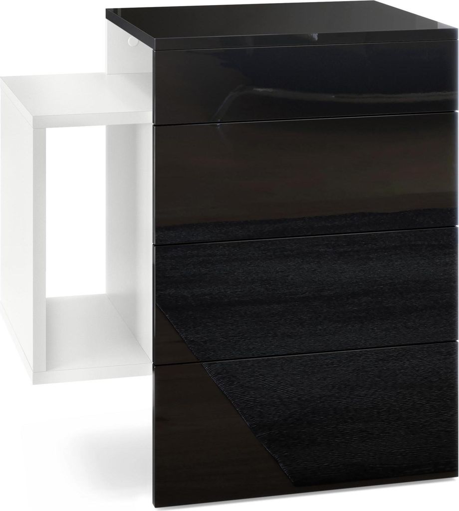 Vladon Nachttisch Queens, Germany, Nachttischschrank mit 2 Schubladen und 1 seitlichem Fach zur Wandmontage, Weiß matt/Schwarz Hochglanz (60 x 63 ...
