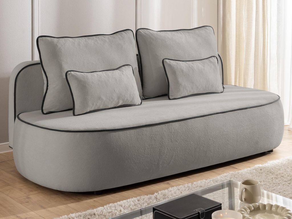 Vero - Modernes und abgerundetes 3-Sitzer-Kindersofa mit Schlaffunktion und Bettkasten aus Grau Plüschstoff mit schwarzer Paspel