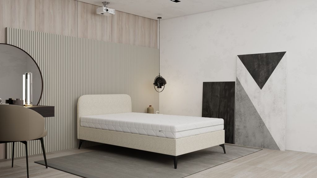 Polsterbett MAVILO - Komfortbett mit Stauraum, Einzelbett, 120x200cm,Beige, Bonellfederkernmatratze, H2/H3