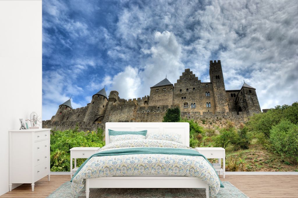 MuchoWow Fototapete für Wohnzimmer oder Schlafzimmer Wandtapete Vinyl Motivtapete Carcassonne - Wolken - Schloss - 330x220 cm - Fototapeten