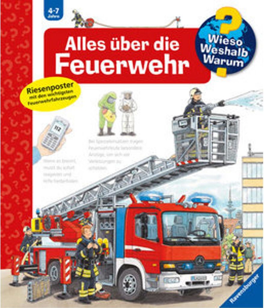 Illustration of a fire truck and firefighters, likely for a children's book or educational material.