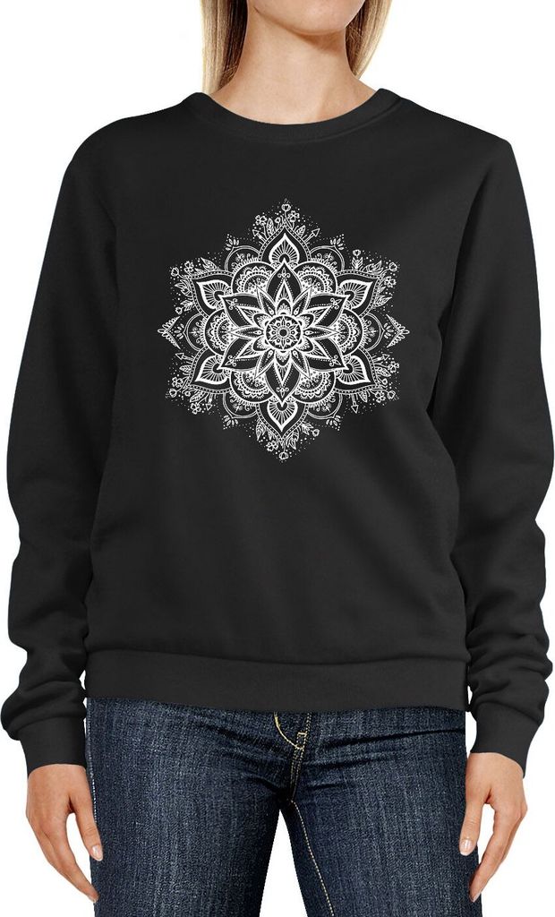Sweatshirt Damen Aufdruck Mandala Ethno Boho Ornament Rundhals-Pullover Pulli Sweater Neverless schwarz M