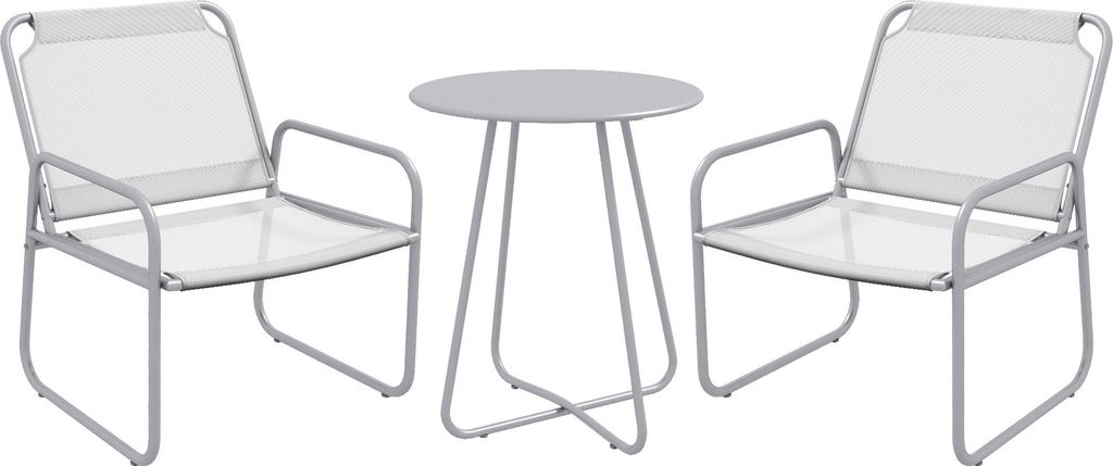 A light gray bistro set with two chairs and a round table, presented on a white background.