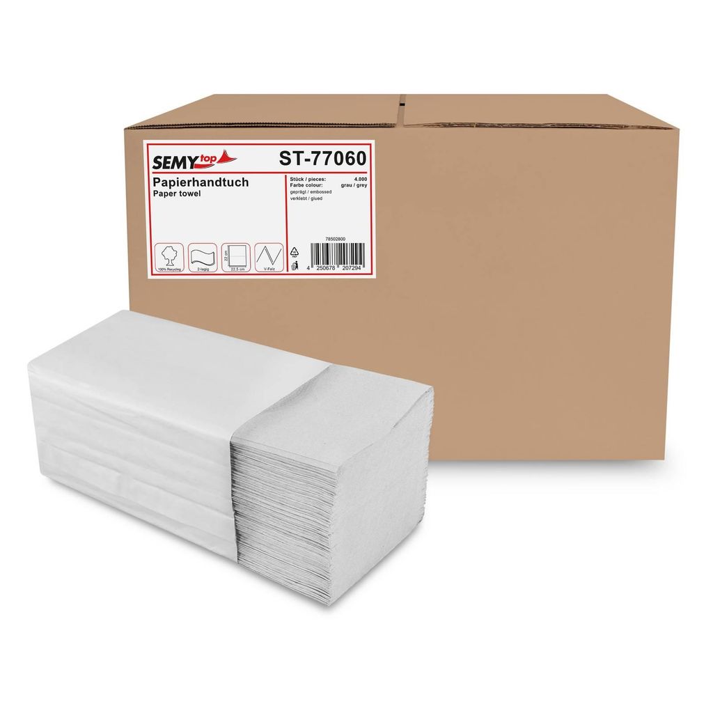 SemyTop Papierhandtücher V-Falz 64.000 Blatt Hellgrau | 2-lagig | Recycling Handtuchpapier | 22,5 x 22 cm | Halbpalette