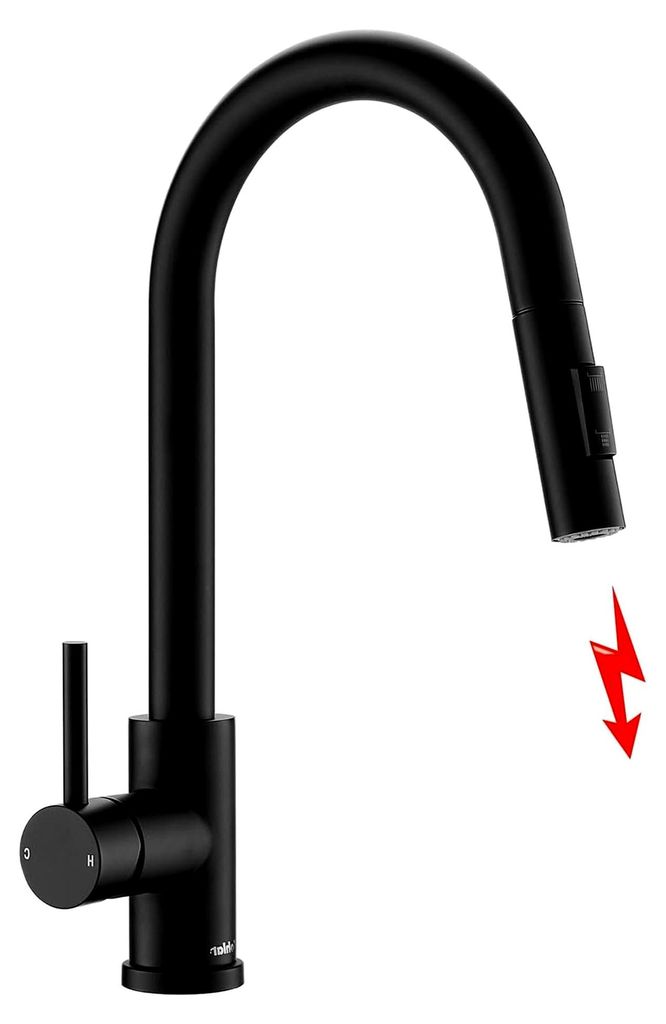 Niederdruckarmatur Küche Schwarz, 360° drehbarer Wasserhahn mit ausziehbarer Brause für kaltes und heißes Wasser