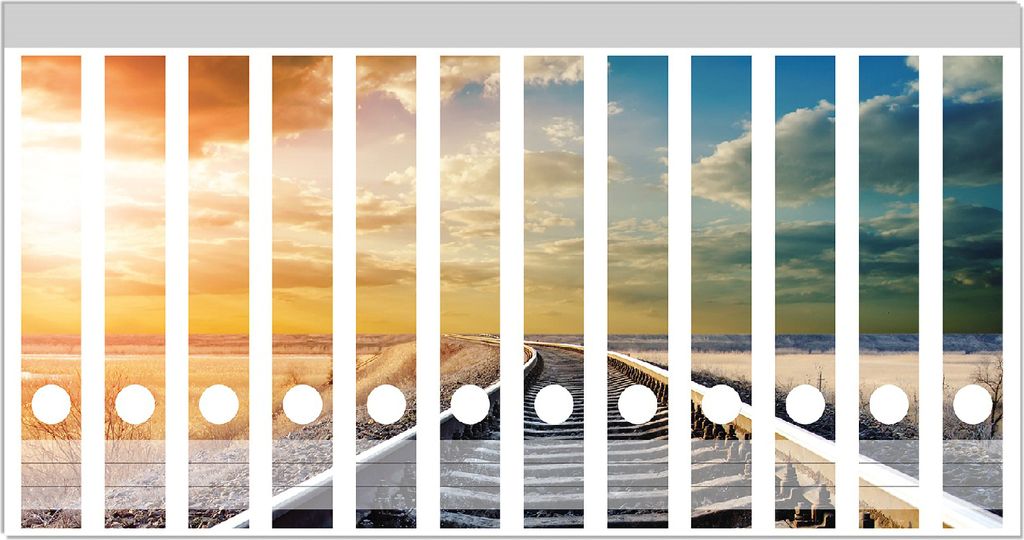 Wallario Ordnerrücken Sticker, selbstklebend für schmale Ordner, 12 Stück, Motiv Bahnschienen ins Ungewisse