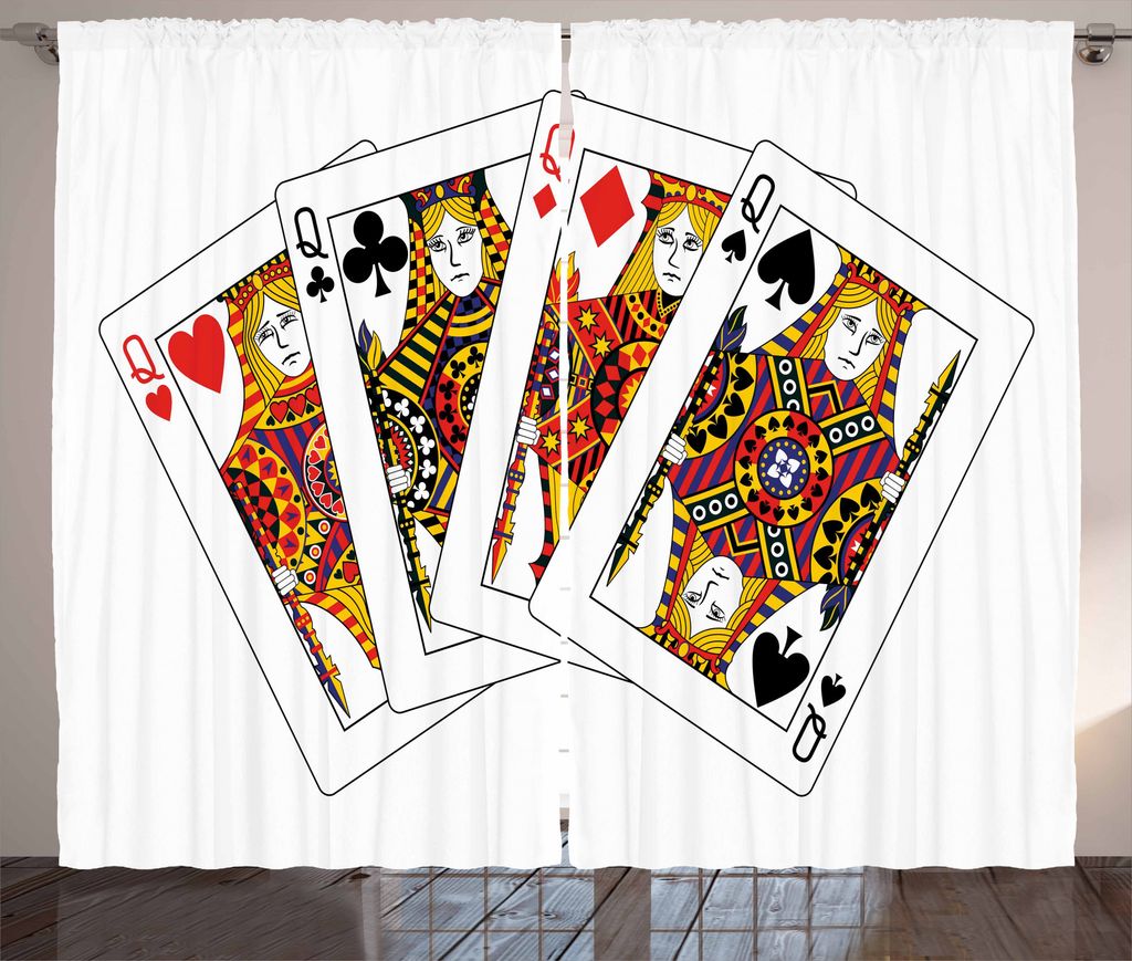 ABAKUHAUS Kasino Rustikaler Gardine, Queens Poker Play Cards, Schlafzimmer Kräuselband Vorhang mit Schlaufen und Haken, 280 x 175 cm, Schwarz Rot ...