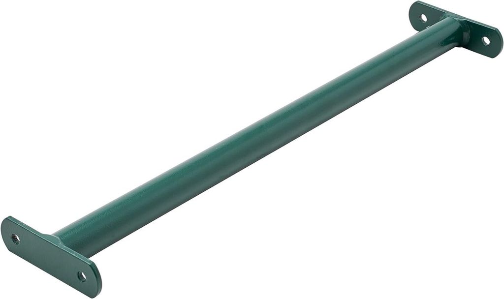 A green metal bar with mounting plates on each end, isolated on a white background.