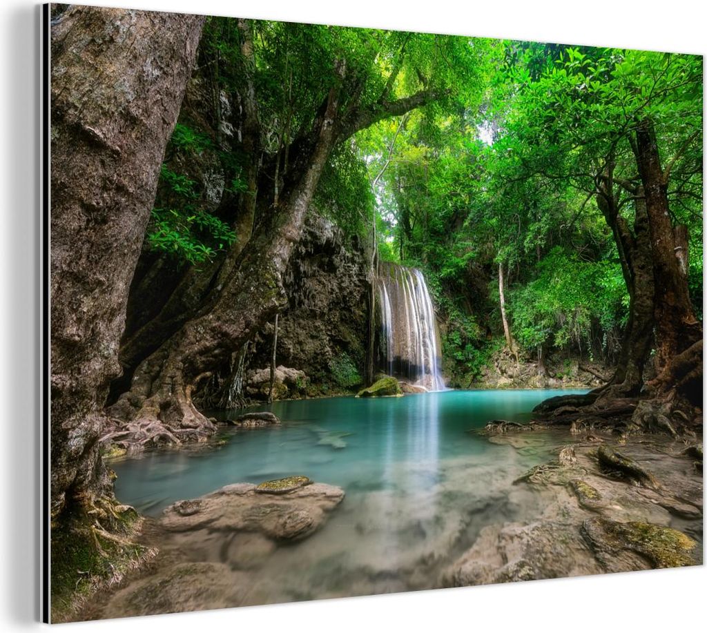 MuchoWow Wanddekoration Metall Metallbild Wandkunst 90x60 cm Dschungel - Wasserfall - Pflanzen - Wasser - Natur MuchoWow Aluminium Gemälde - Wandb...