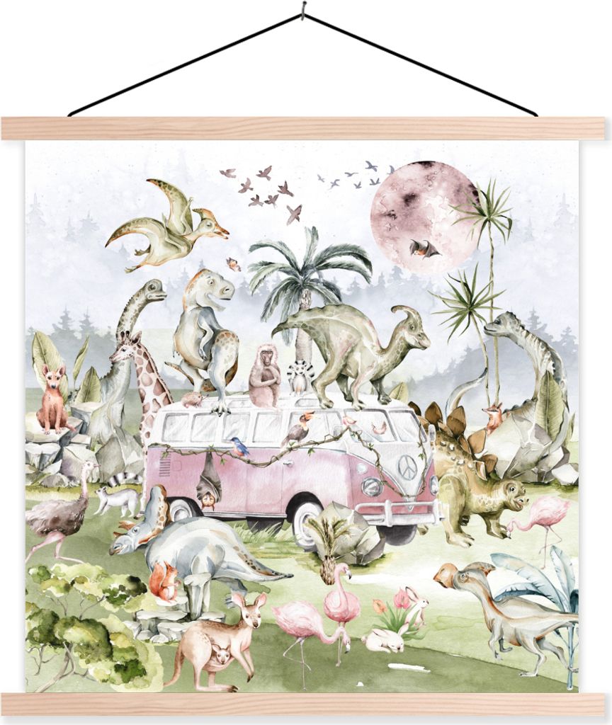 MuchoWow Textilposter Dinosaurier - Kinder - Bus - Bäume - Tiere - Kinder 60x60 cm mit holzfarbenen Rahmen - Wanddekoration