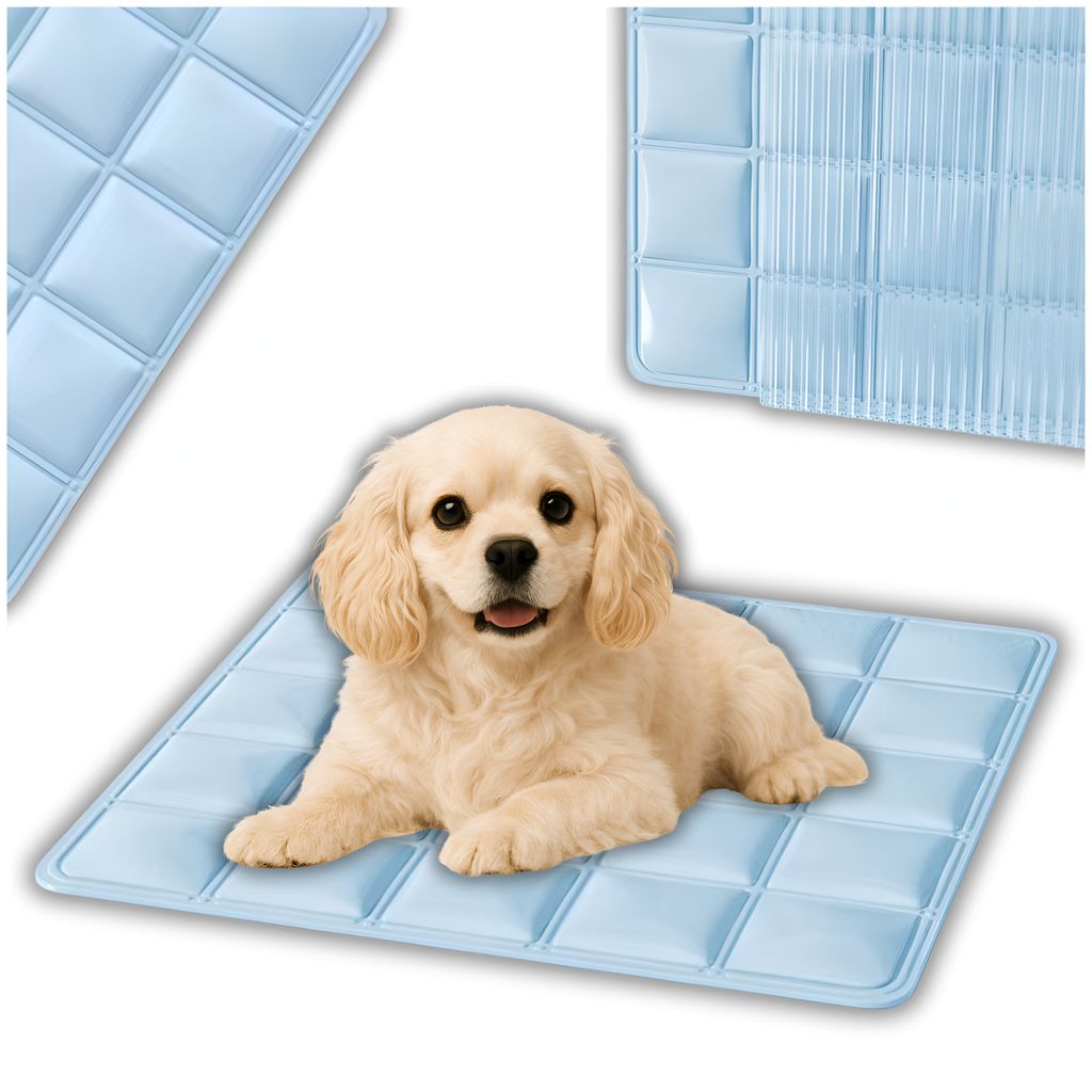 A light blue cooling mat with a grid pattern, with a small, light-colored puppy lying on it. The mat is shown from a slightly elevated angle.