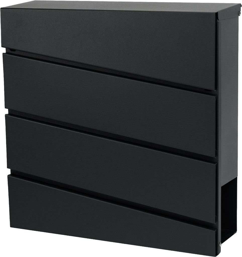 A black mailbox with a modern, slanted design.