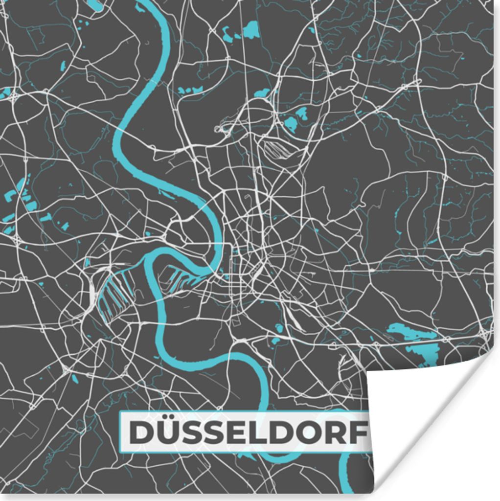 MuchoWow Poster Blau - Deutschland - Karte - Stadtplan - Düsseldorf 75x75 cm - Wand Dekoration