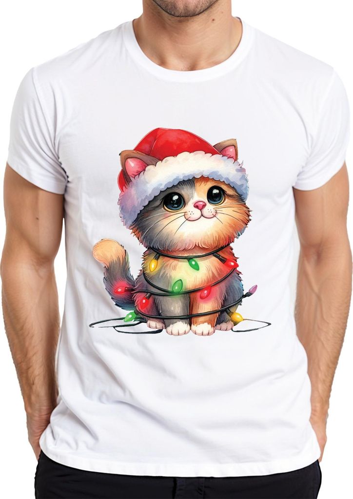 Katze Lichterkette Katzenliebhaber - Weihnachten Weihnachtsgeschenk Christmas Herren T-Shirt, Weiß, XXL