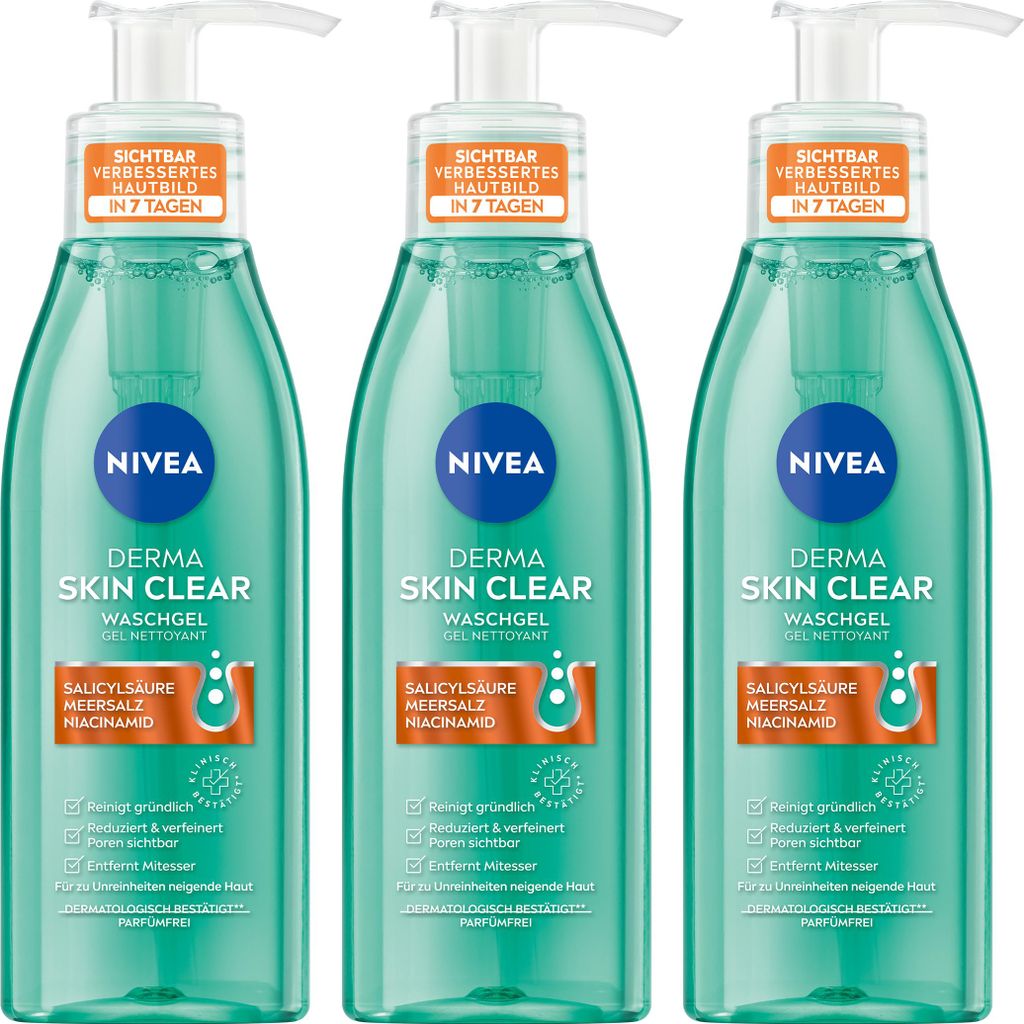 NIVEA Derma Skin Clear Waschgel, 3 x 150ml