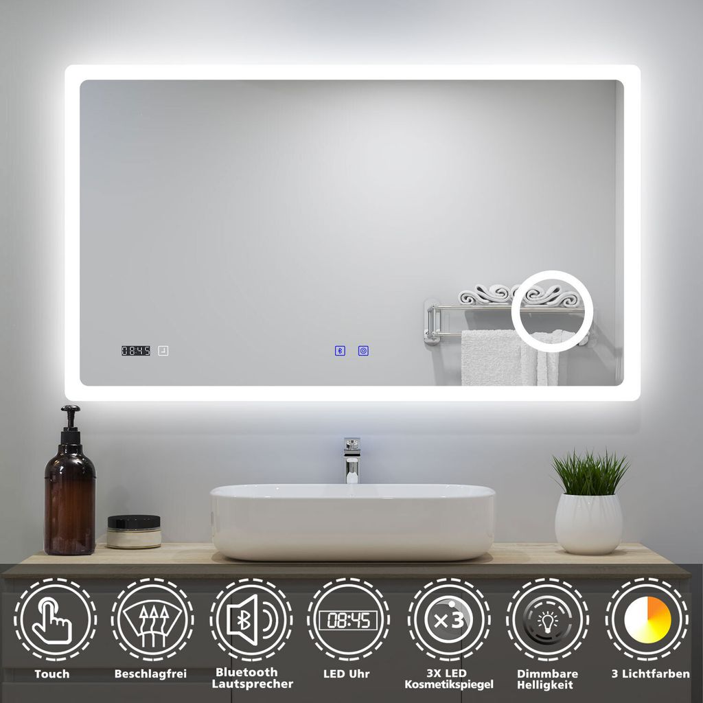 AICA LED Wandspiegel 140x80cm Touchschalter Beschlagfrei Badspiegel Bluetooth Uhr 3X Schminkspiegel 3 Lichtfarbe 3000/4500K/6000K Dimmbar IP44