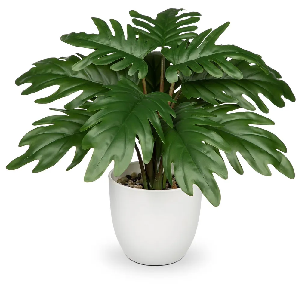 Philodendron artificiel petit 28 cm avec pot noir, plante réaliste