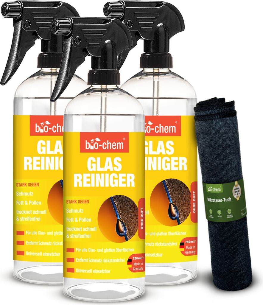 bio-chem Glasreiniger Hochglanzreiniger für streifenfreien Glanz | 3x 750 ml + Mikrofasertuch | Ideal für Glasflächen, Spiegel, Fenster, Autosch...