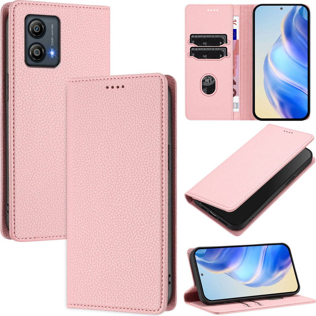 Litchi Leder Handyhülle für Motorola Moto G53/Moto G13/Moto G23 Wallet Kartenfächer Standfunktion Hülle Pink
