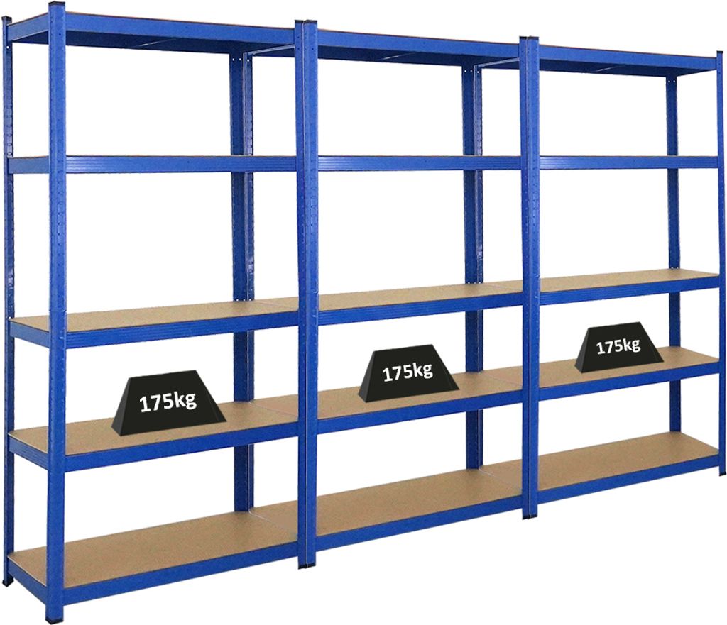 Mega Deal | 3x Schwerlastregal Ragnar | HxBxT 180x90x40cm | 5 MDF-Platten-Ebenen | Fachlast 175kg | Blau