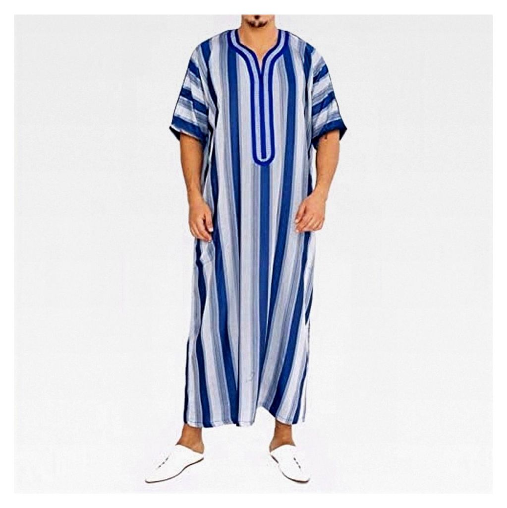 Gestreifter Kaftan für Herren, muslimische Robe, kurzärmlig, arabisches Gebet, islamisches Maxikleid, Ramadan-Roben, lockere Oberteile, Eid-Kleid...