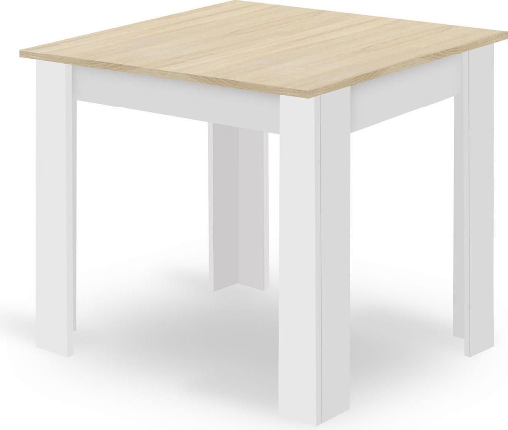 A square table with a light wood top and white legs, shown from a slightly elevated angle against a white background.