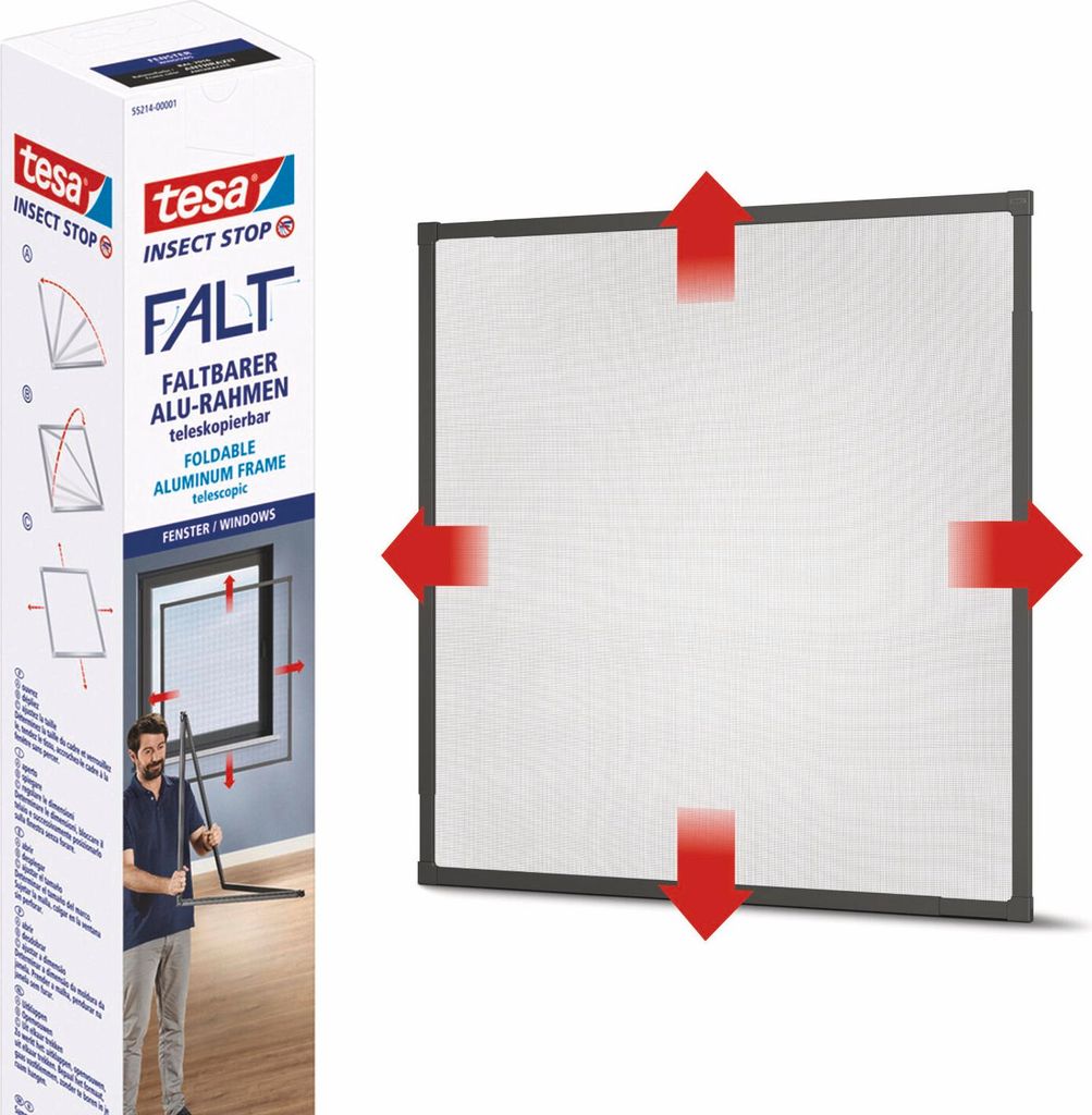 tesa Insektenschutz Fliegengitter Fenster Rahmen Alu FALT 1,4 x 1,4m grau